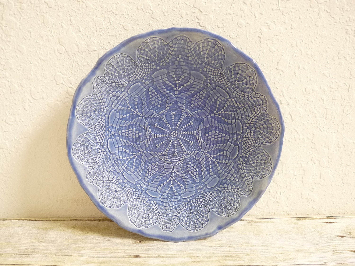 Ceramic Bowl with Lace Doily Blue Handcrafted by MyMothersGarden