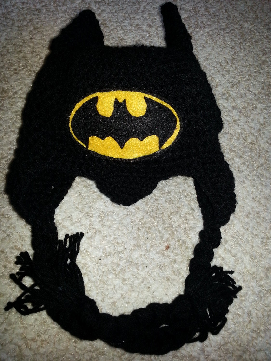 Batman Crochet Hat with Bat Ears and Batman Logo Sizes Newborn to 6-12 months