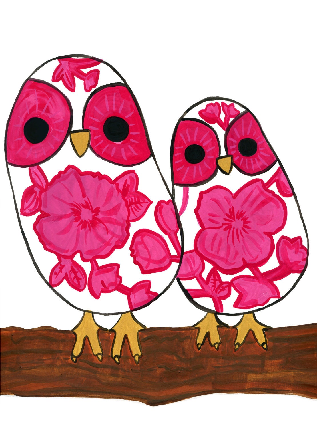 Nursery art, Diamond and Chica, owl illustration, animal illustration, children's art
