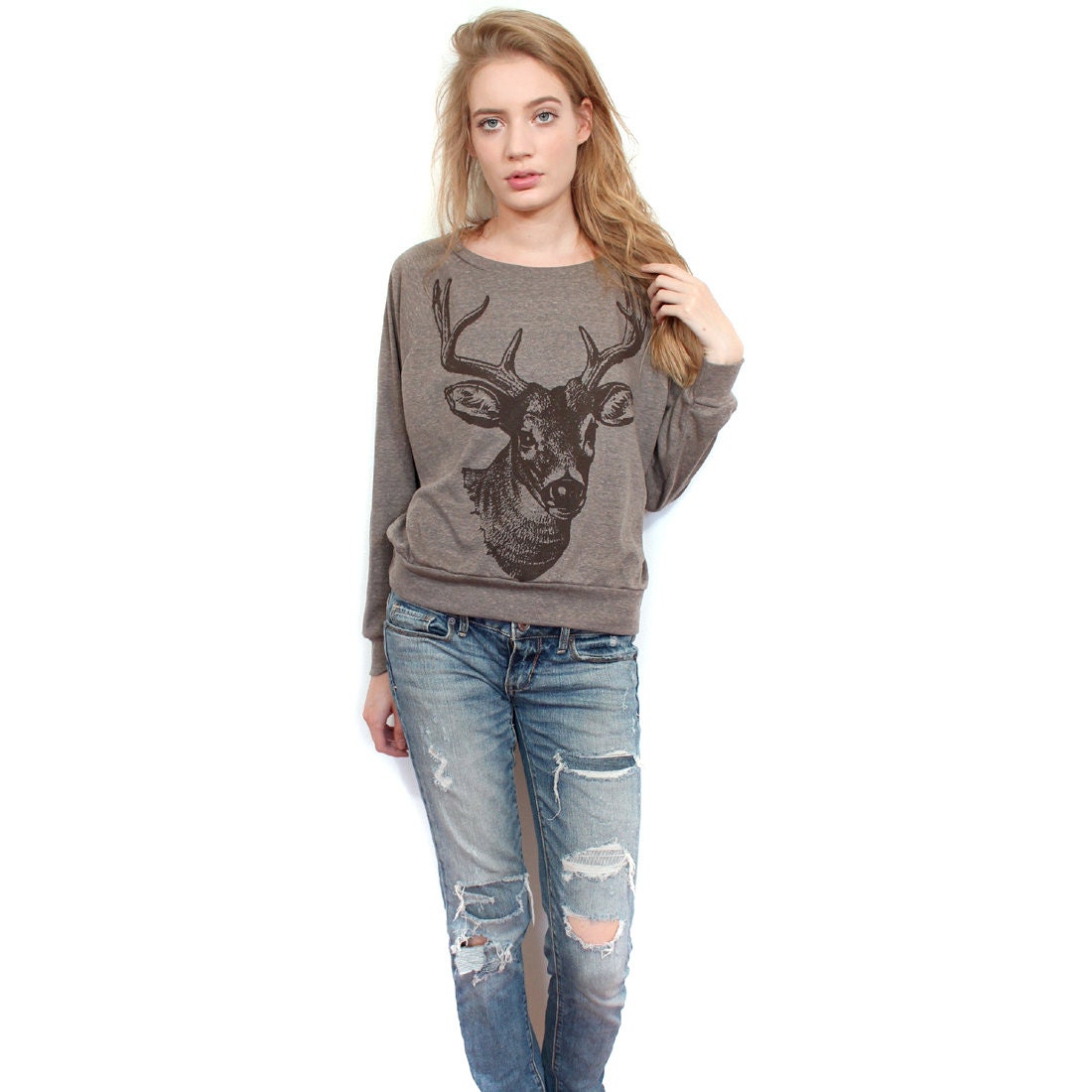 Deer print shirt long sleeve top slouchy raglan Small Medium Large