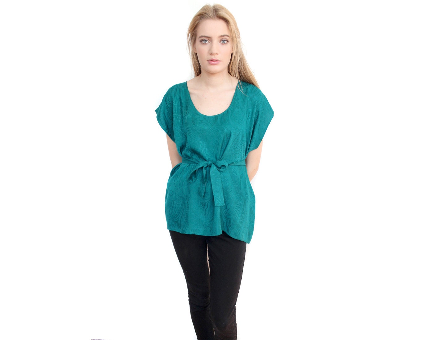 SALE - Teal blouse belted tunic blue shirt Medium