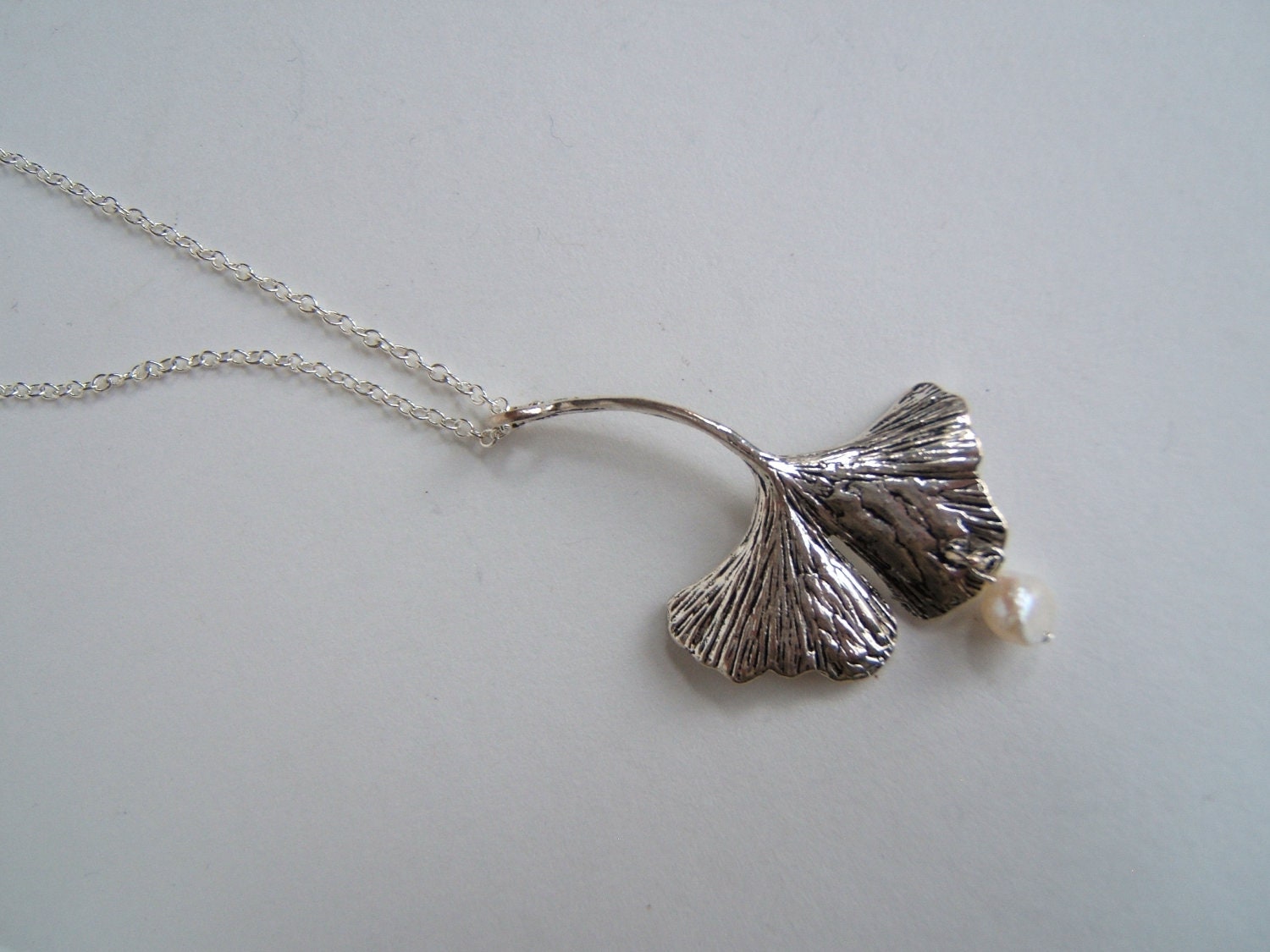 Ginkgo Necklace Leaf Silver Charm with Freshwater Pearl Sweet Gingko Ginko Jewelry