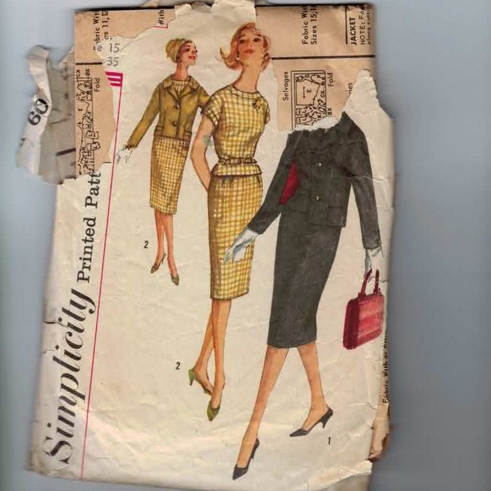1960s Vintage Sewing Pattern Simplicity 3155 Juniors Two Piece Dress Peplum Jacket Suit Size 15 Bust 35 60s