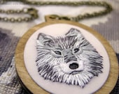 The Midwinter Wolf Pendant - Miniature Hand-Embroidery and Birch Wood MADE TO ORDER