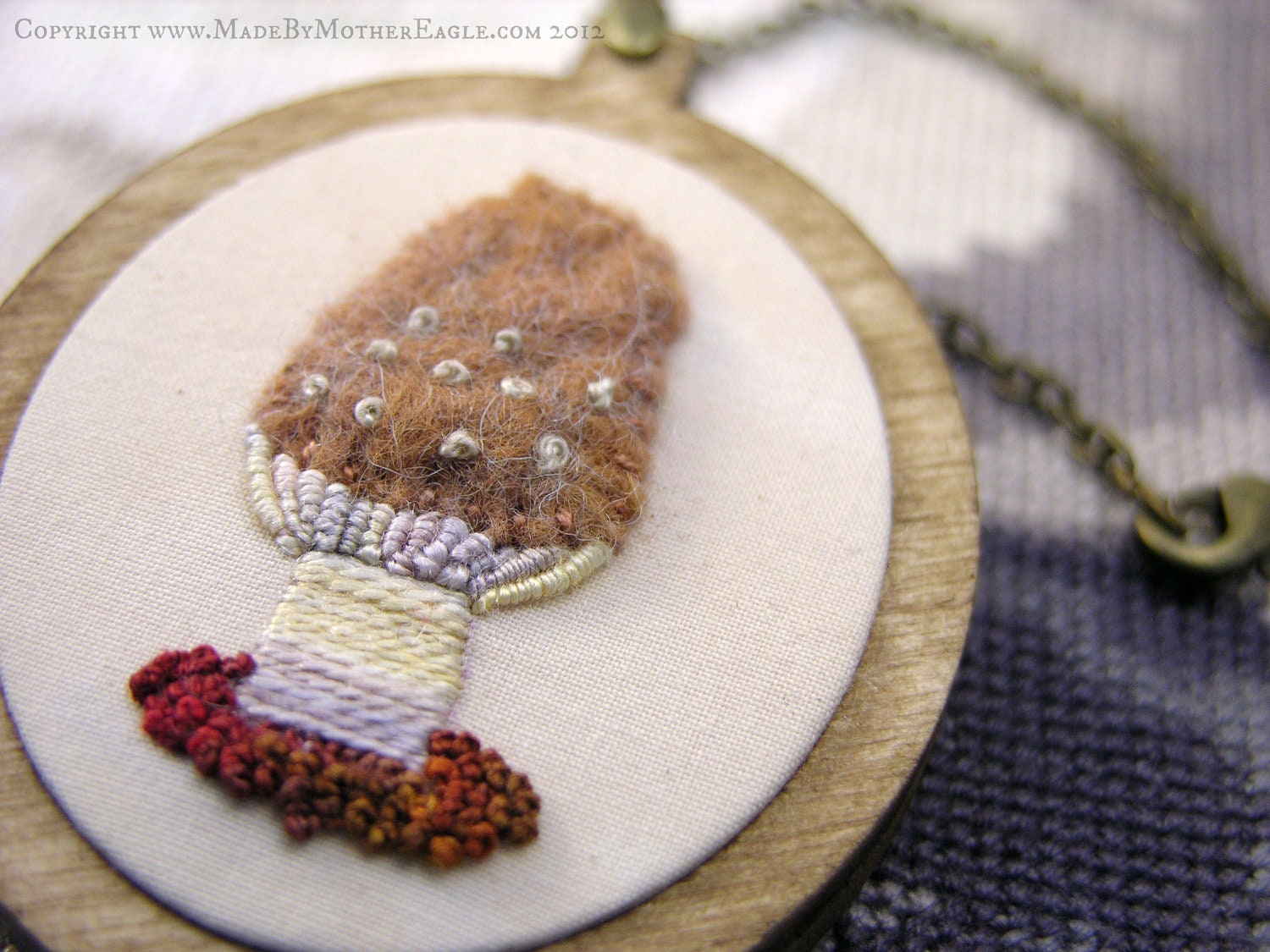 The Devil's Bolete Pendant - Miniature Stumpwork Embroidery and Birch Wood