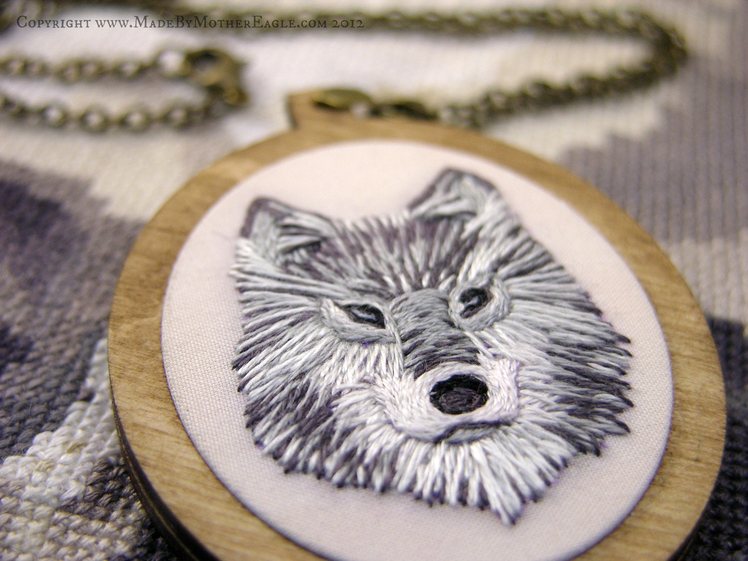 The Midwinter Wolf Pendant - Miniature Hand-Embroidery and Birch Wood MADE TO ORDER