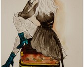 Watercolor Ink  Vintage Traveling Woman Illustration 5x7 Print