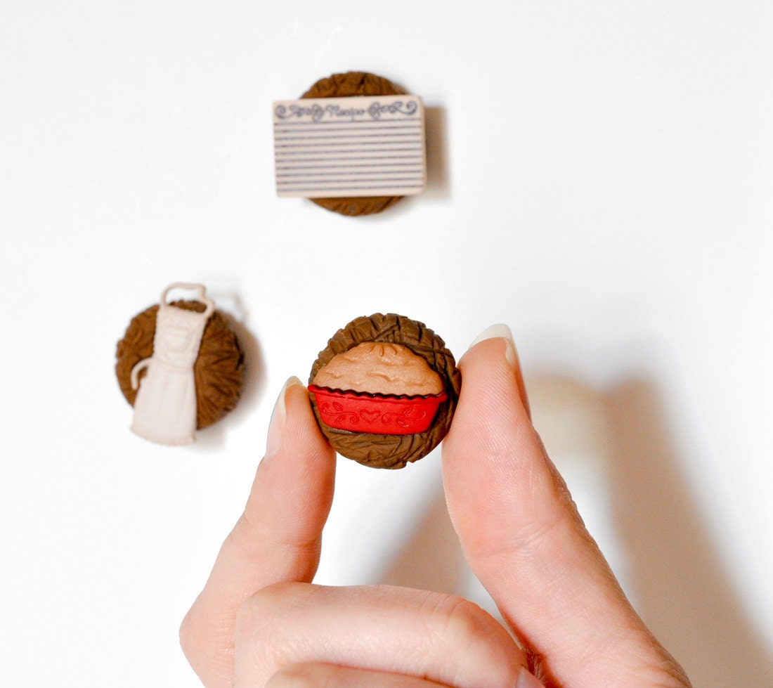 Cherry Pie Baker's Magnets Fun Foodie Kitchen Gift Set of 3: Pie, Recipe Cards, Chef's Apron in Brown Polymer Clay or Home Decor