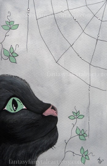 Black Cat Fantasy Artwork - Cats in Art Print - Halloween Spider Webs