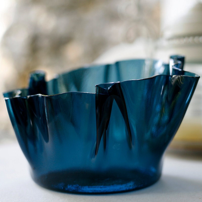 Fused Glass Bowl - Blue Steel - wavy edge bowl or vase