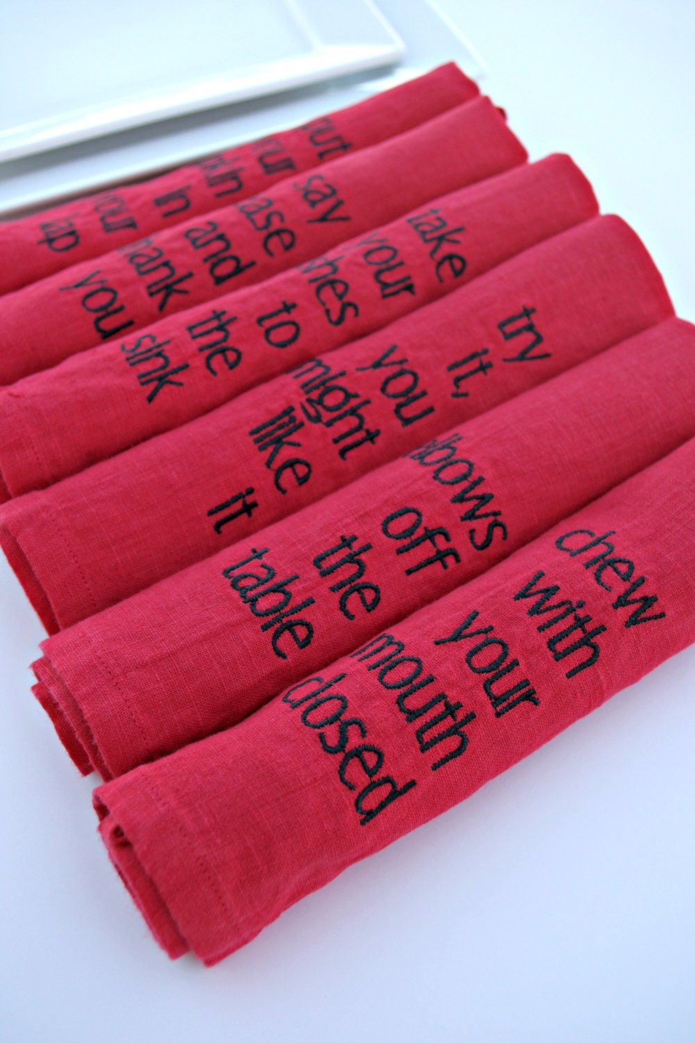 Valentines Day RED Pure Linen Napkins With Manners Set of 6 Typography Eco Friendly
