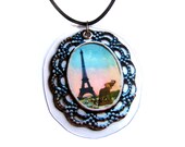 Vintage Eiffel Tower Post Card Necklace, Large Plastic Filigree French Inspired Pendant