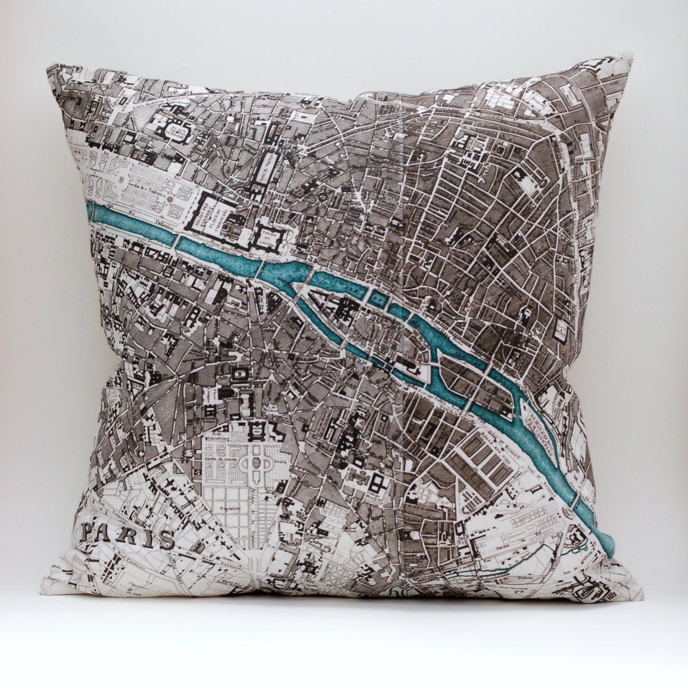 vintage PARIS map pillow DIY KIT, made to order, 16x16 envelope style