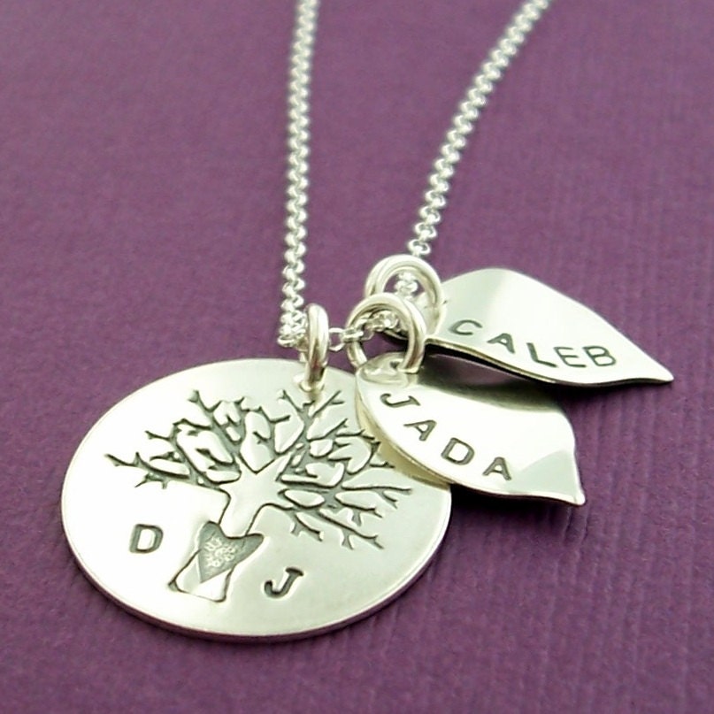 Personalized Necklace - Family of Four Oak Tree w/ TWO SMALL LEAF Charms - Tree of Life with Family Initials - Sterling Silver Jewelry
