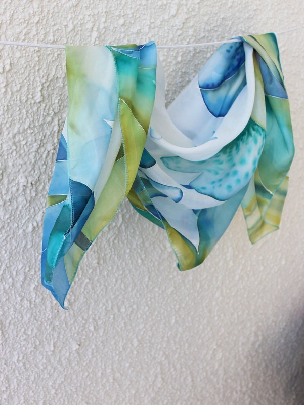 Hand painted Silk Square Scarf  in White-Blue-Green-Turquoise / 100% natural silk/ wearable art
