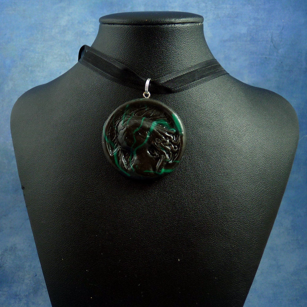 Black Marble Cthulhu Cameo Necklace, Handmade Polymer Clay Jewelry