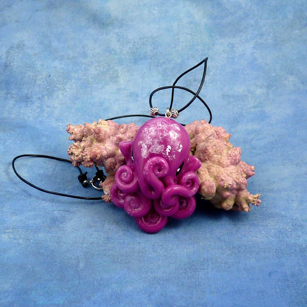 Violet Octopus Necklace, Vivid Purple Polymer Clay Cephalopod Jewelry
