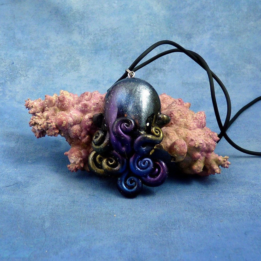 Deep Space Octopus Necklace, Handmade Polymer Clay Cephalopod Jewelry