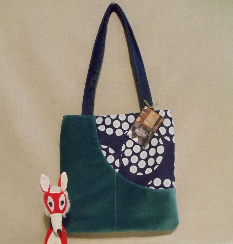 Velvety Green Blue & Vintage Dark Blue Floral Fabric Purse