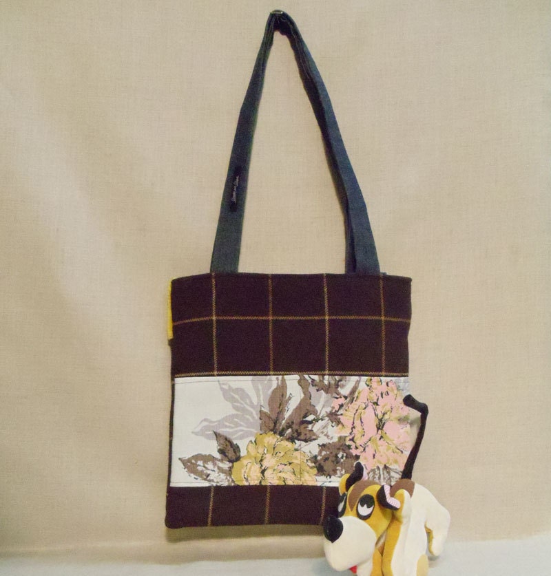 Vintage Floral Bark Cloth & Wool Plaid Fabric Purse