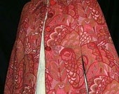 1960 Red Cape . Tapestry Floral Bird Feather Pattern. Handmade from Pattern Vogue Paris Original Nina Ricci Medium Large. Art Deco Style.