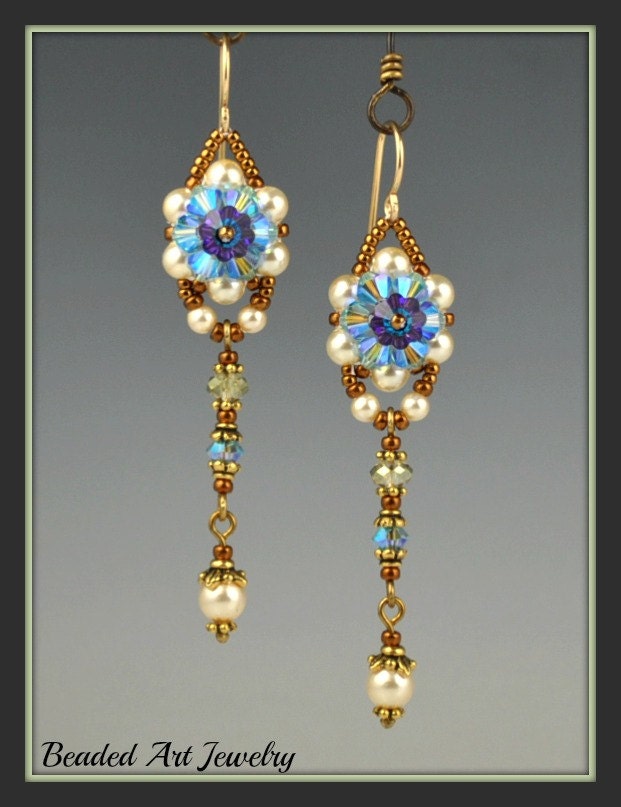 Beadwoven, Beadwork, Beaded Crystal Flower Earrings