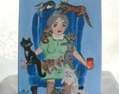 Crazy old cat lady painting