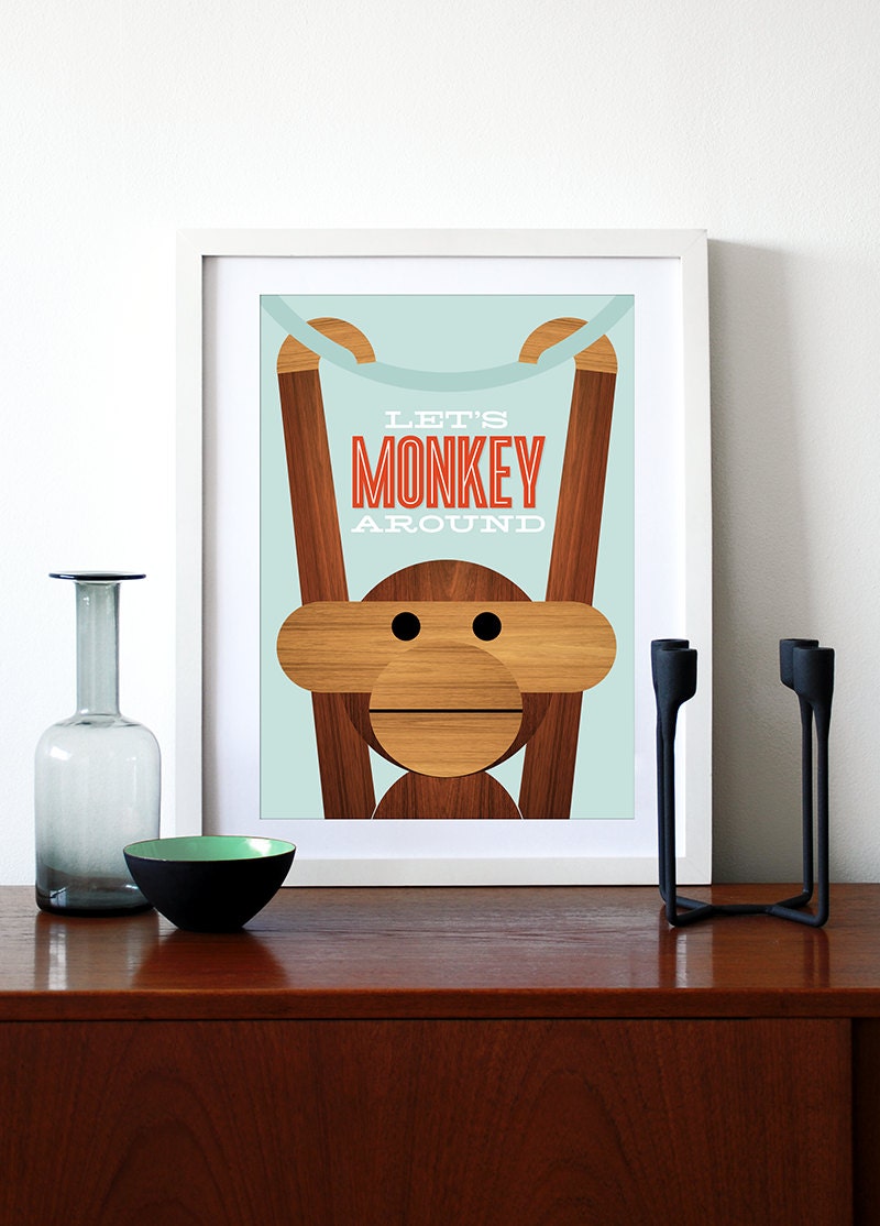 Poster Danish monkey poster print Mid century modern quote kitchen art retro nursery art Kay Bojesen - Let's Monkey Around A3
