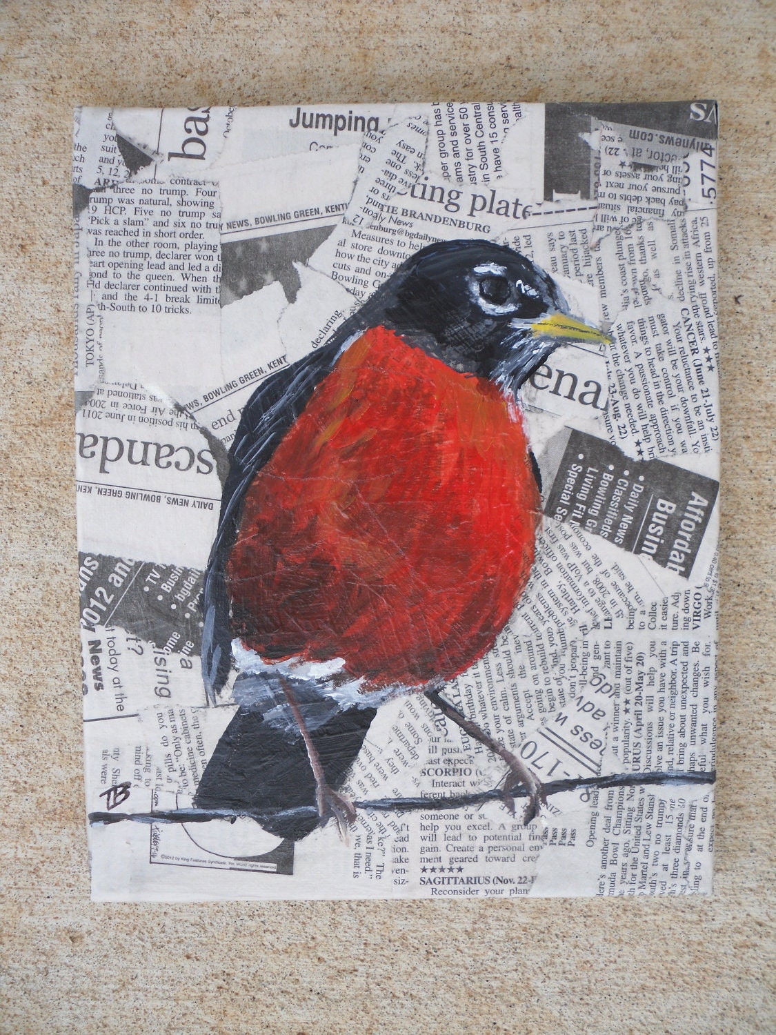 Robin is a guy's name too  - original painting 8x10 robin on newspaper background - Yesterday's news series  feathered friends