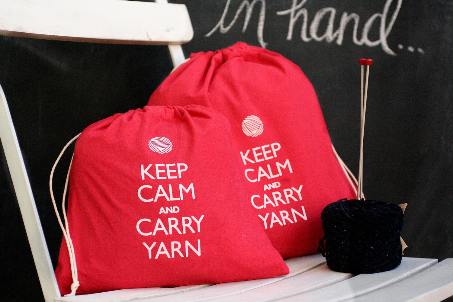 Small knitting project bag - Keep Calm and Carry Yarn - red