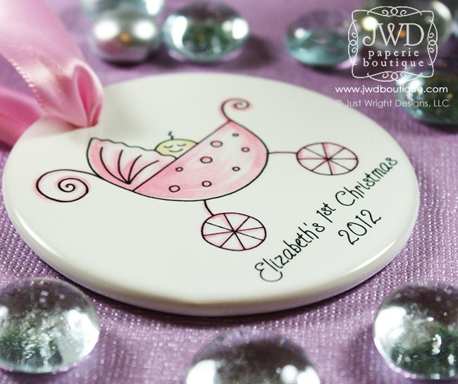 Baby's First Christmas Ornament Personalized New Baby Girl Pink Carriage Christmas Gift