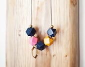 Limited Edition / Geometric Necklace / Wooden Necklace/ Pink Mustard Navy Blue Brass necklace