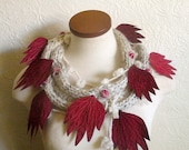 Weirwood Tree Leaf Scarf- Cream with Red Embroidered Leaves- Fiber Art Scarf- Game of Thrones Inspired