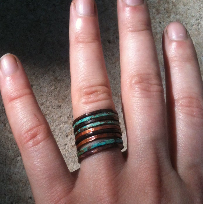 Stacking Rings -  Copper multi finish ring set  - nine rings total in set - sealed - patina stack rings