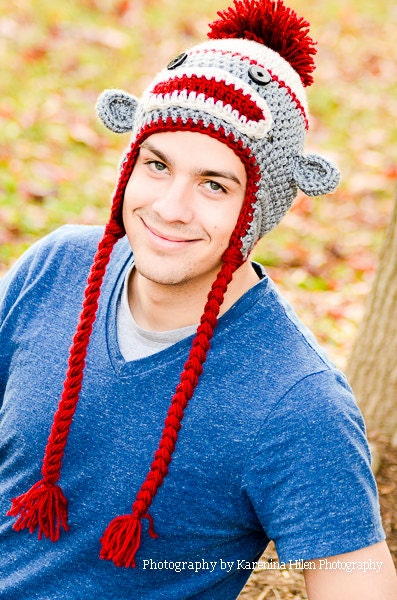 Sock Monkey Hat with Earflaps - Teen/Adult - red and gray