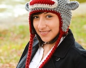Sock Monkey Hat with Earflaps - Teen/Adult - red and gray