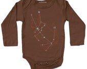 Taurus Bull Baby Bodysuit - animal star constellation print, metallic pewter silver foil screenprint, brown long sleeve onesie