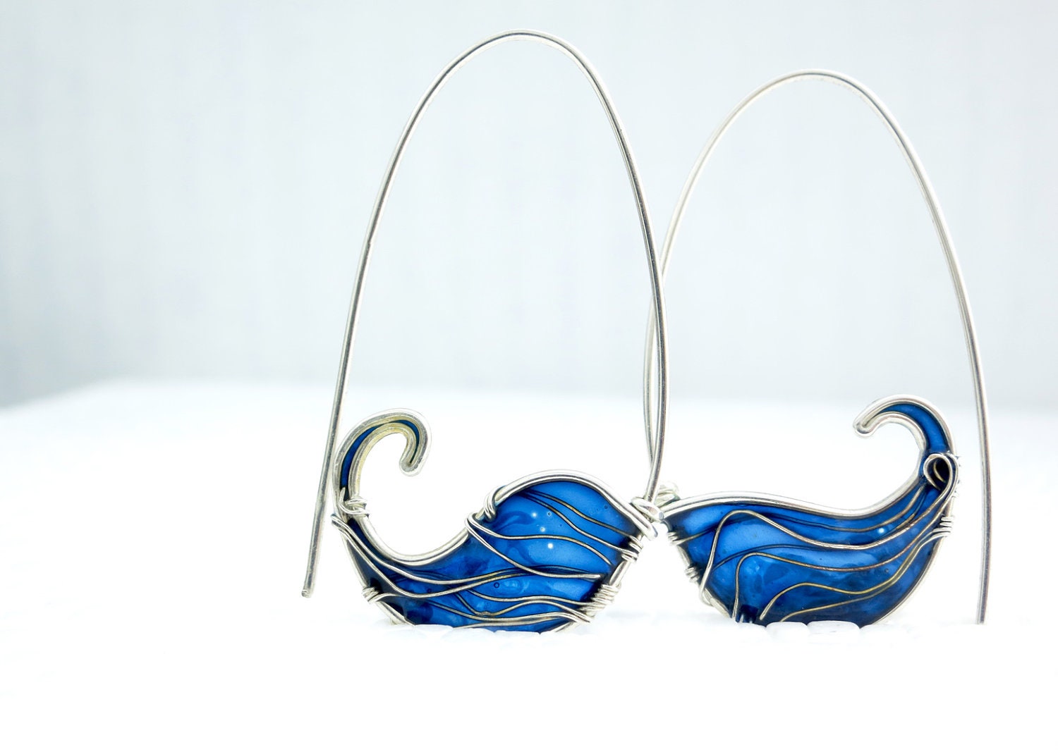Blue Hoop Earrings. Waves Earrings. Blue Earrings. Sterling Silver Earrings. Deep Blue Jewelry. Wire Jewelry. Ultramarine Earrings.