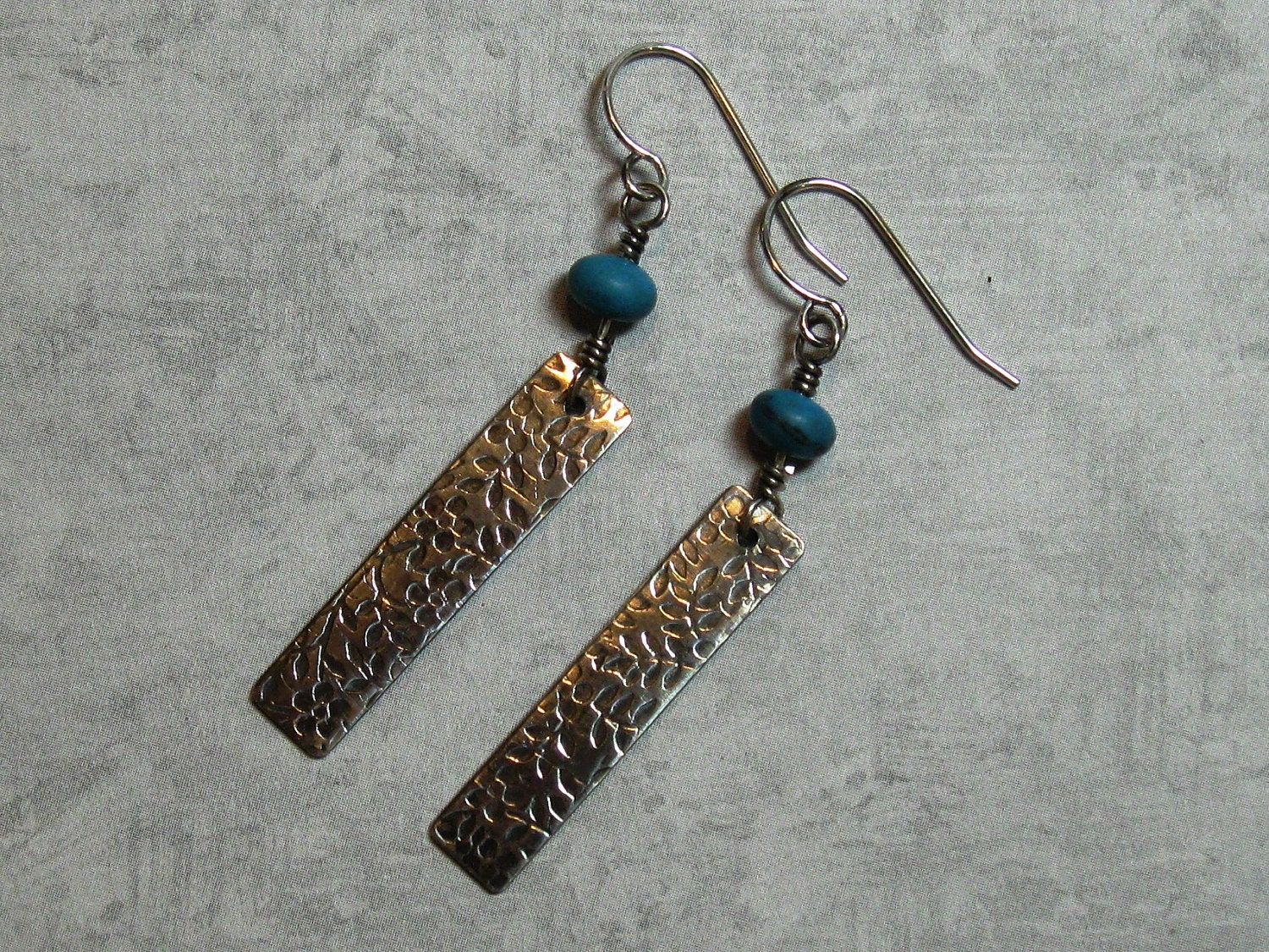 Turquoise and Sterling Silver Flower-Patterned Dangle Earrings