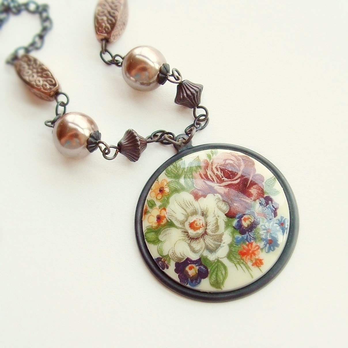 Floral Cameo Necklace Vintage Rose Pendant Beads Antiqued Brass Victorian Jewelry