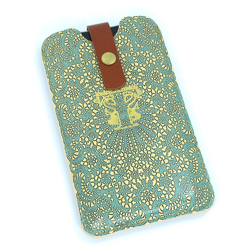 Leather iPhone  / new iTouch Case - Teal lace with gold and cream finish