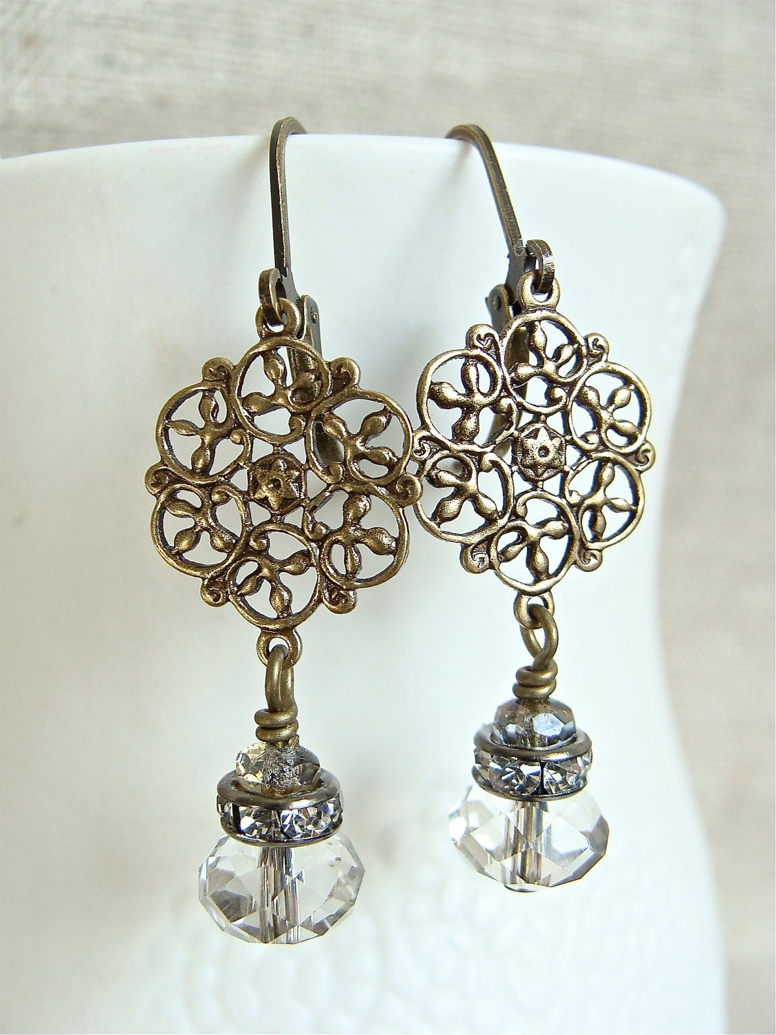 Antiqued brass dangle earrings.  Filigree rhinestones and crystals. Vintage inspired.  Bridal Bridesmaids. Jewelry by Sweet & Simple.