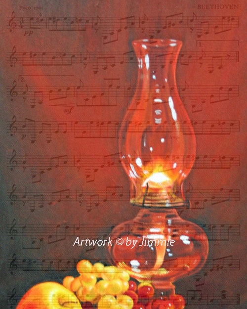 Fruit Under Lamplight  is a 10x8 Sheet Music Art Print of a Painting by Jimmie
