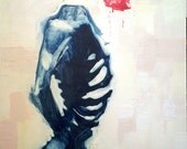Red headed figure painting. Encaustic and mono printing mixed media on wood panel