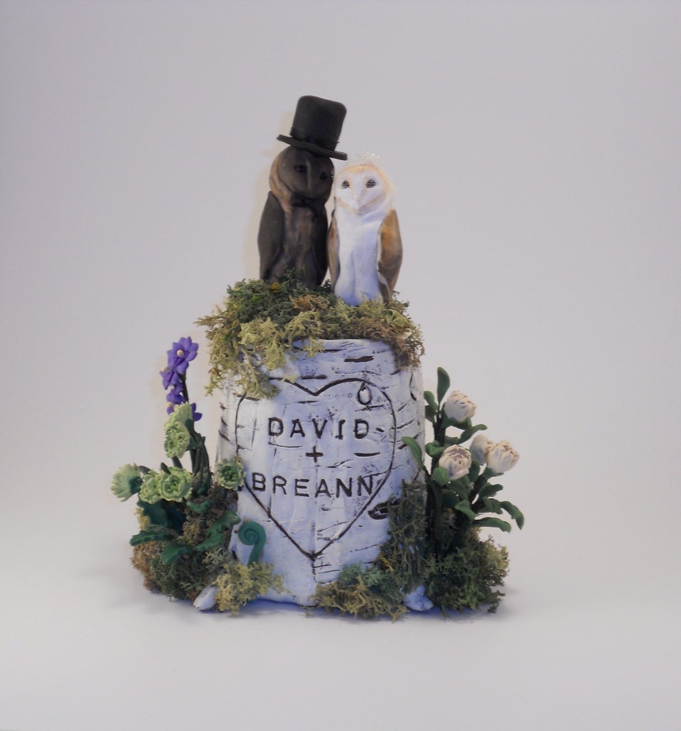 Large Wedding Cake Topper/Keepsake Tree Stump Sculpture Example - Barn Owls and Hobbit Door - David  and Breann