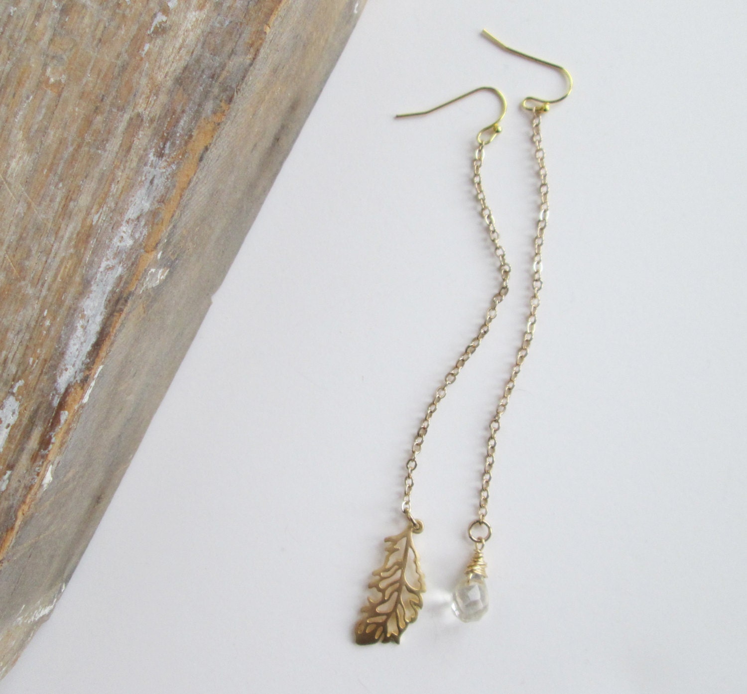 Mismatched Shoulder Duster Earrings. Feather. Quartz Quartz. Boho. Simple Earrings. Mixed Metal.