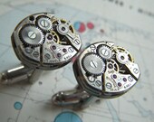 Men's Steampunk Cufflinks Vintage Watch Movements USA BULOVA Matching Set Industrial Cufflinks Very Tiny Size