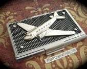 Steampunk Business Card Case Silver Airplane Card Case Industrial Card Case Silver Case Black Mesh