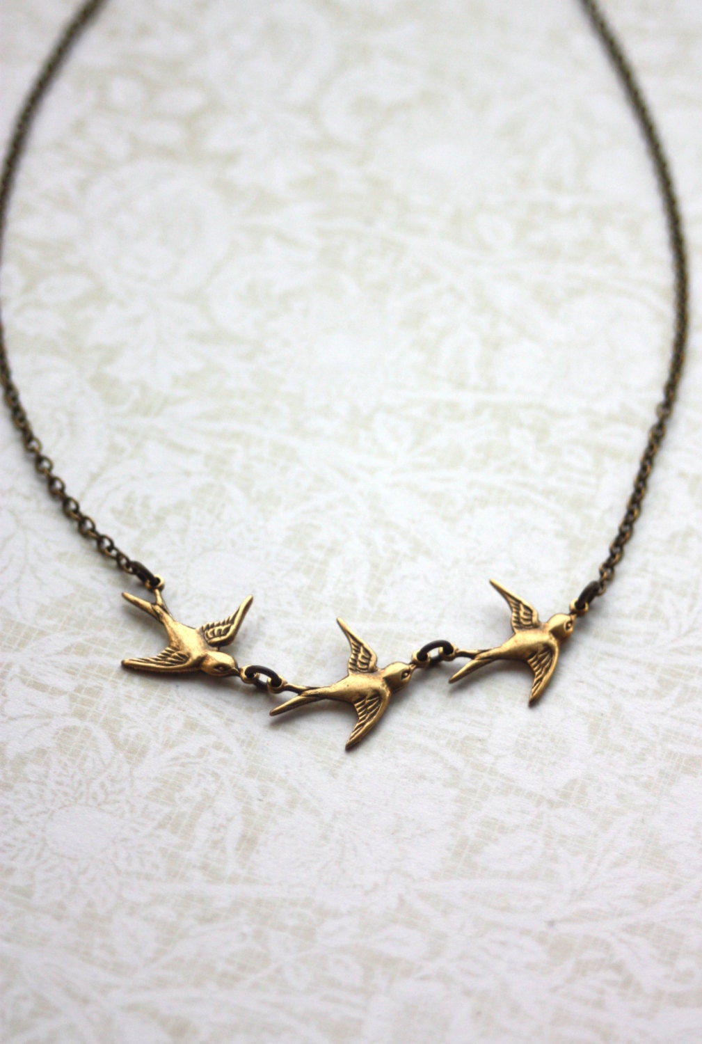 Three Tiny Brass Flying Swallow Bird Pearl Necklace. Mother Daughters. 3 Sisters. Best Friends. Seniors Graduation. A Family of 3. New Baby.