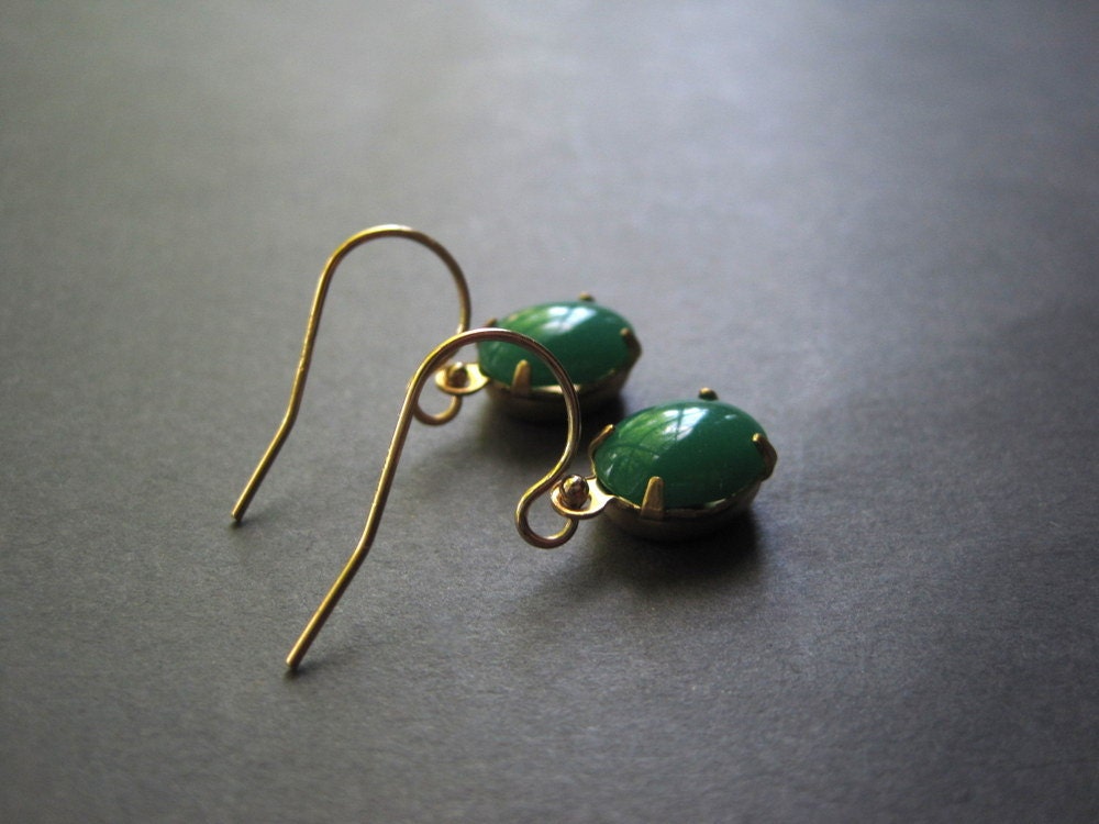 Vintage Earrings - Green Jade Earrings - 14K Gold Filled Earrings